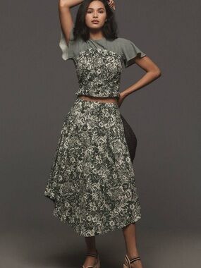 Anthropologie Green and White Floral High-Low Skirt